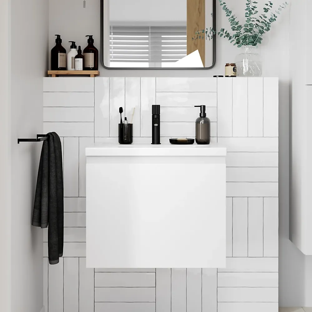 GoodHome Meuble sous vasque suspendu blanc mat 2 tiroirs l.60 x H.48 x P.45 cm Levanna