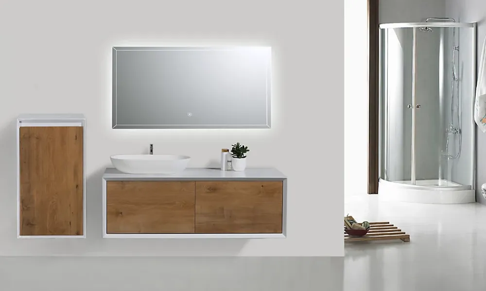 Bernstein Meuble sous vasque suspendu MDF Blanc mat, 2 tiroirs façade Aspect chêne - 120x40x55cm - Fiona 1200