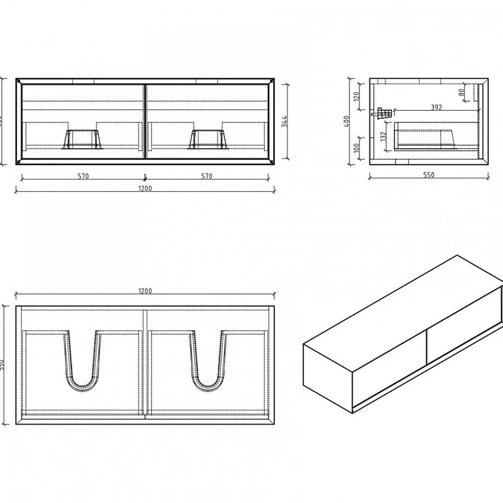 Bernstein Meuble sous vasque suspendu MDF Blanc mat, 2 tiroirs façade Aspect chêne - 120x40x55cm - Fiona 1200