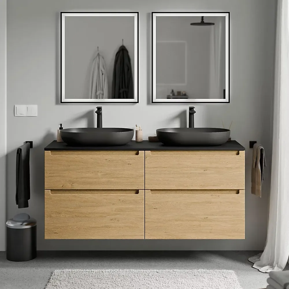 Bernstein Meuble sous vasque suspendu MDF Chêne miel, plan vasque Noir mat, tiroirs pivotants - 140x46x62cm - VIREO
