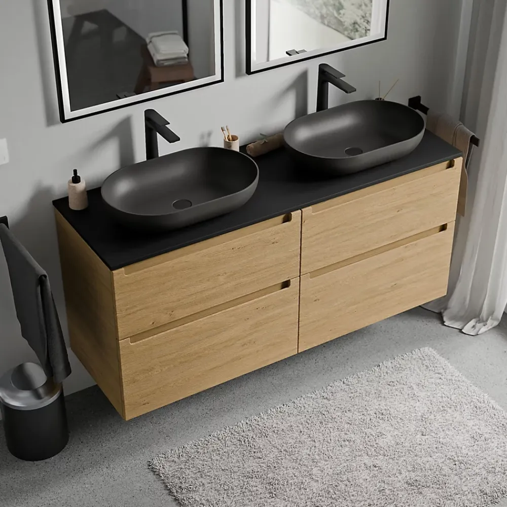 Bernstein Meuble sous vasque suspendu MDF Chêne miel, plan vasque Noir mat, tiroirs pivotants - 140x46x62cm - VIREO