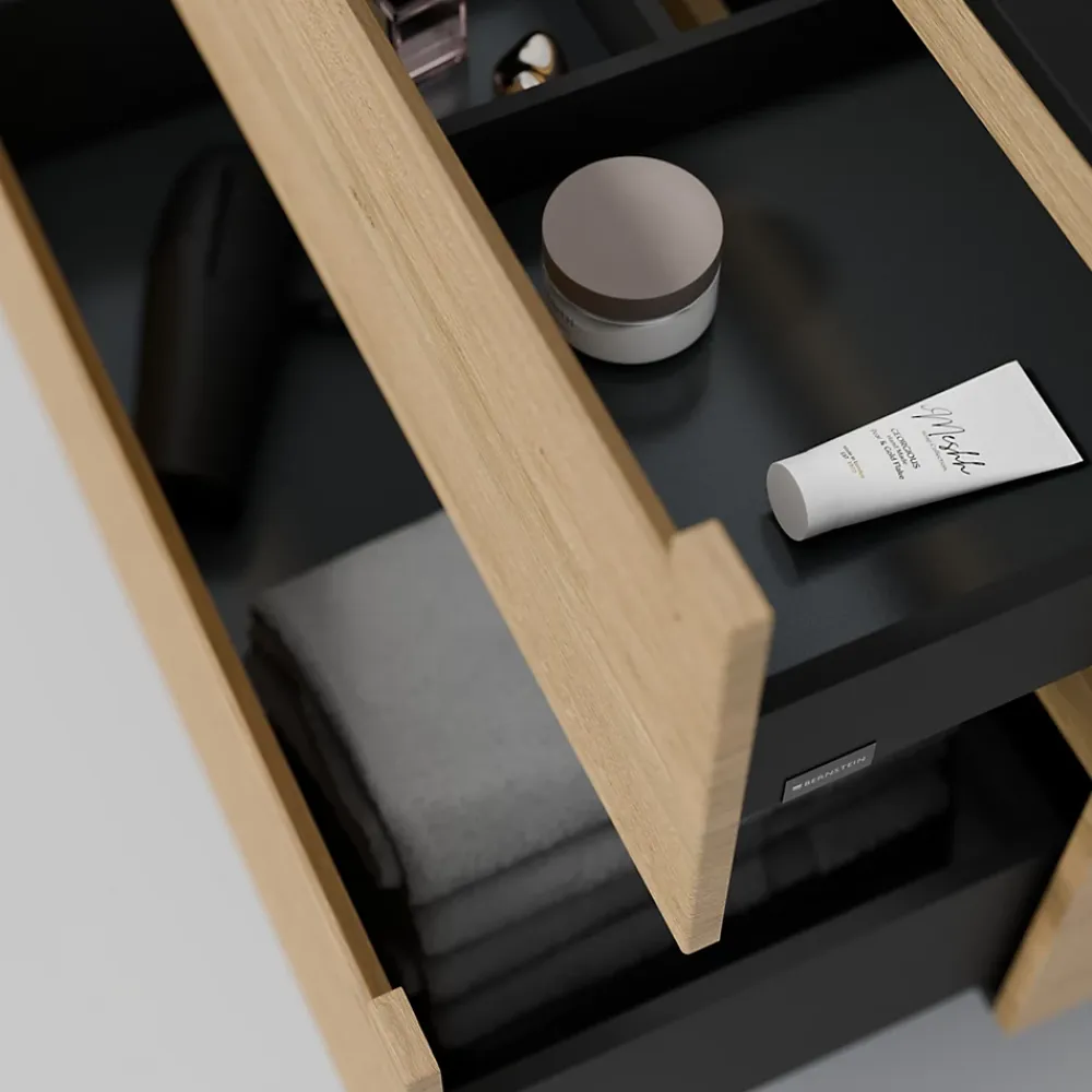 Bernstein Meuble sous vasque suspendu MDF Chêne miel, plan vasque Noir mat, tiroirs pivotants - 140x46x62cm - VIREO