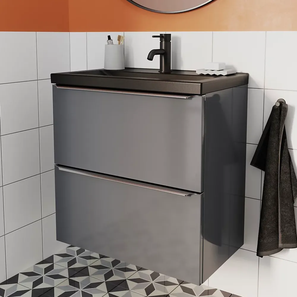 GoodHome Meuble sous vasque suspendu faible profondeur gris taupe brillant l.60 x H.60 x P.36 cm, Imandra