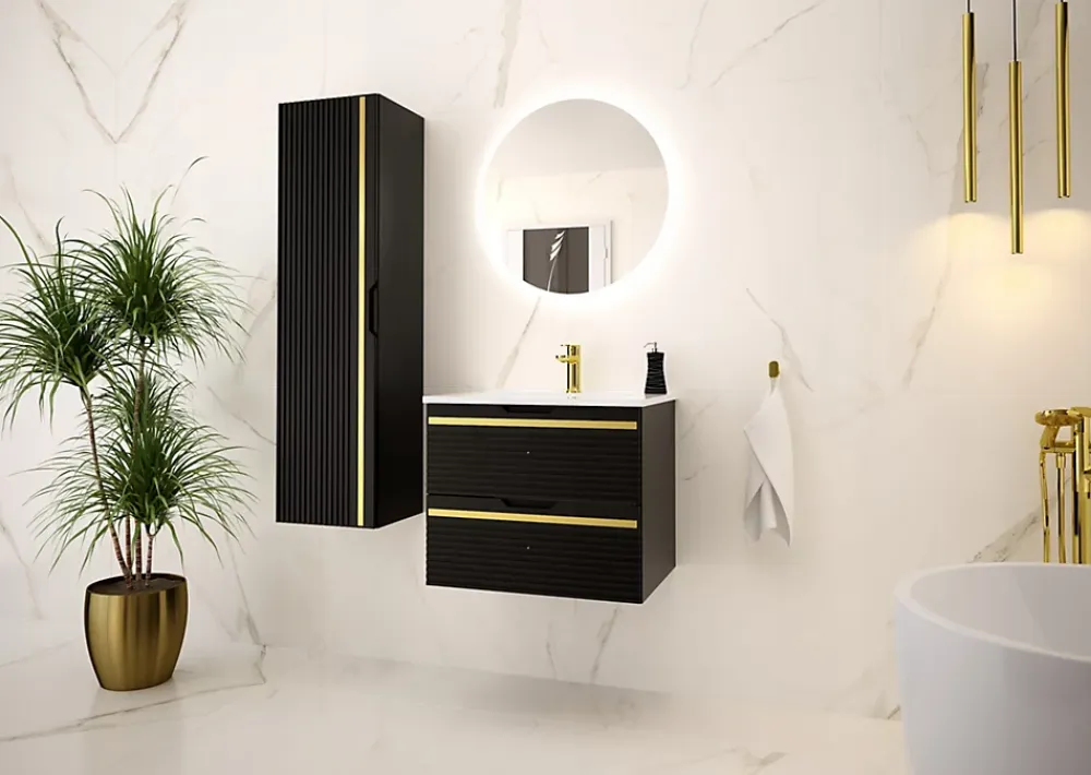 Meuble Sous Lavabo|Furnidea Meuble sous vasque suspendu VESPER noir 80 cm - bande décorative dorée