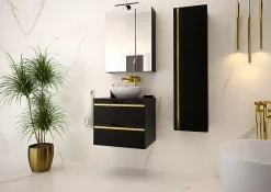 Meuble Sous Lavabo|Furnidea Meuble sous vasque suspendu VESPER noir 80 cm - bande décorative dorée