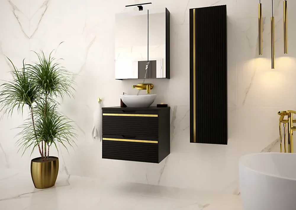 Meuble Sous Lavabo|Furnidea Meuble sous vasque suspendu VESPER noir 80 cm - bande décorative dorée