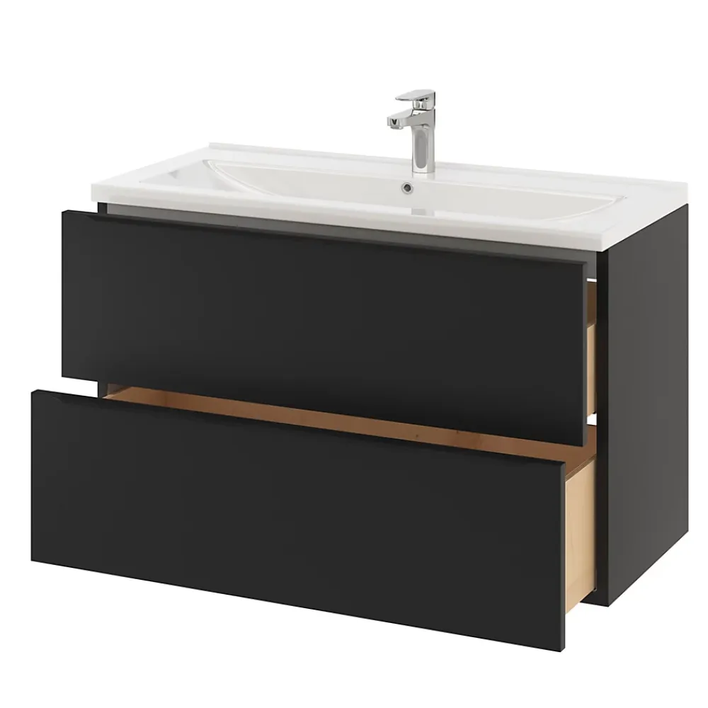 Meuble Buanderie|Meuble De Salle De Bains Faible Profondeur|GoodHome Meuble sous vasque suspendu noir mat l.100 x H.60 x P.45 cm, Imandra