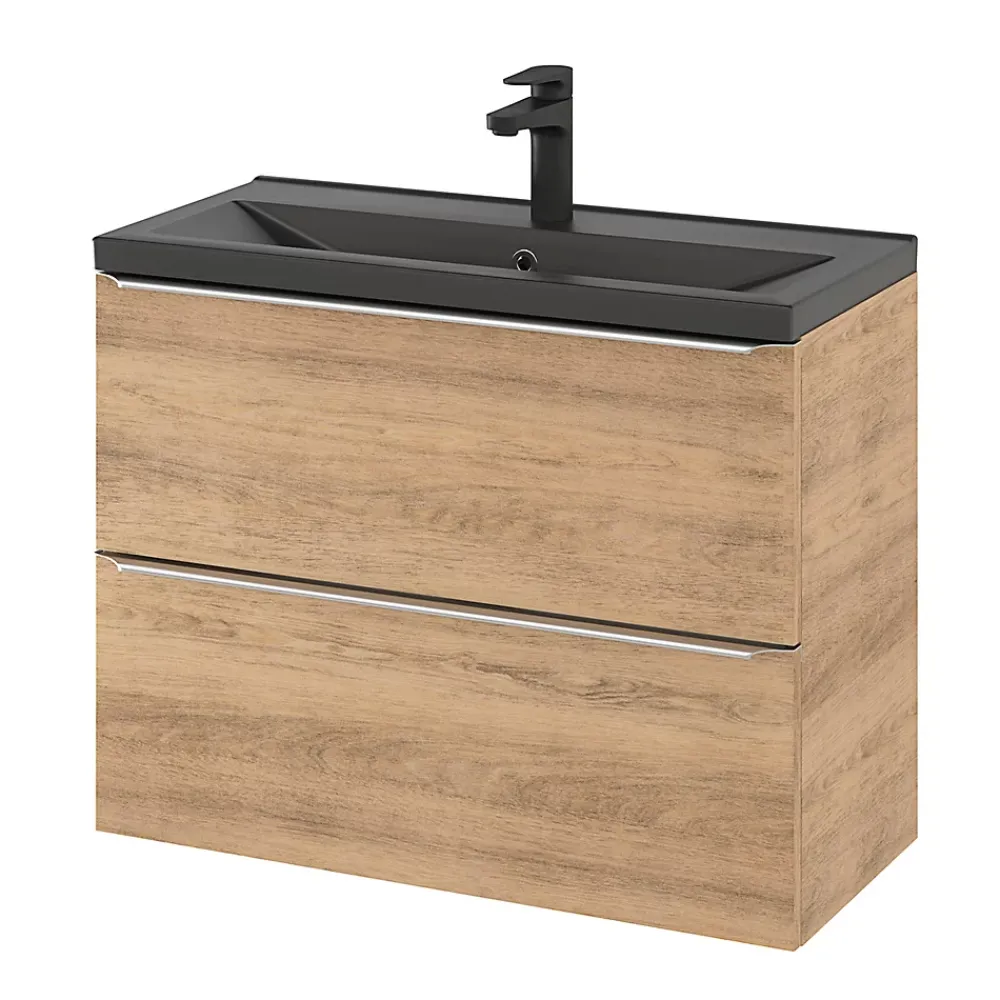 GoodHome Meuble sous vasque suspendu faible profondeur effet chêne l.80 x H.60 x P.36 cm, Imandra