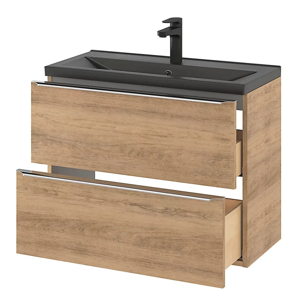 GoodHome Meuble sous vasque suspendu faible profondeur effet chêne l.80 x H.60 x P.36 cm, Imandra