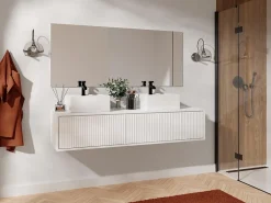 Meuble Sous-Vasque|Vente-unique Meuble sous vasque suspendu strié - Blanc - 150 cm - ARNEGA
