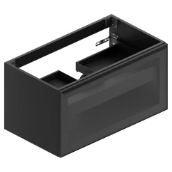 Ipiemme SRL Meuble sous vasque suspendu noir mat et verre fumé l.90 x H.46,5 x P.50,5 cm pour évacuation centrale, Pura+