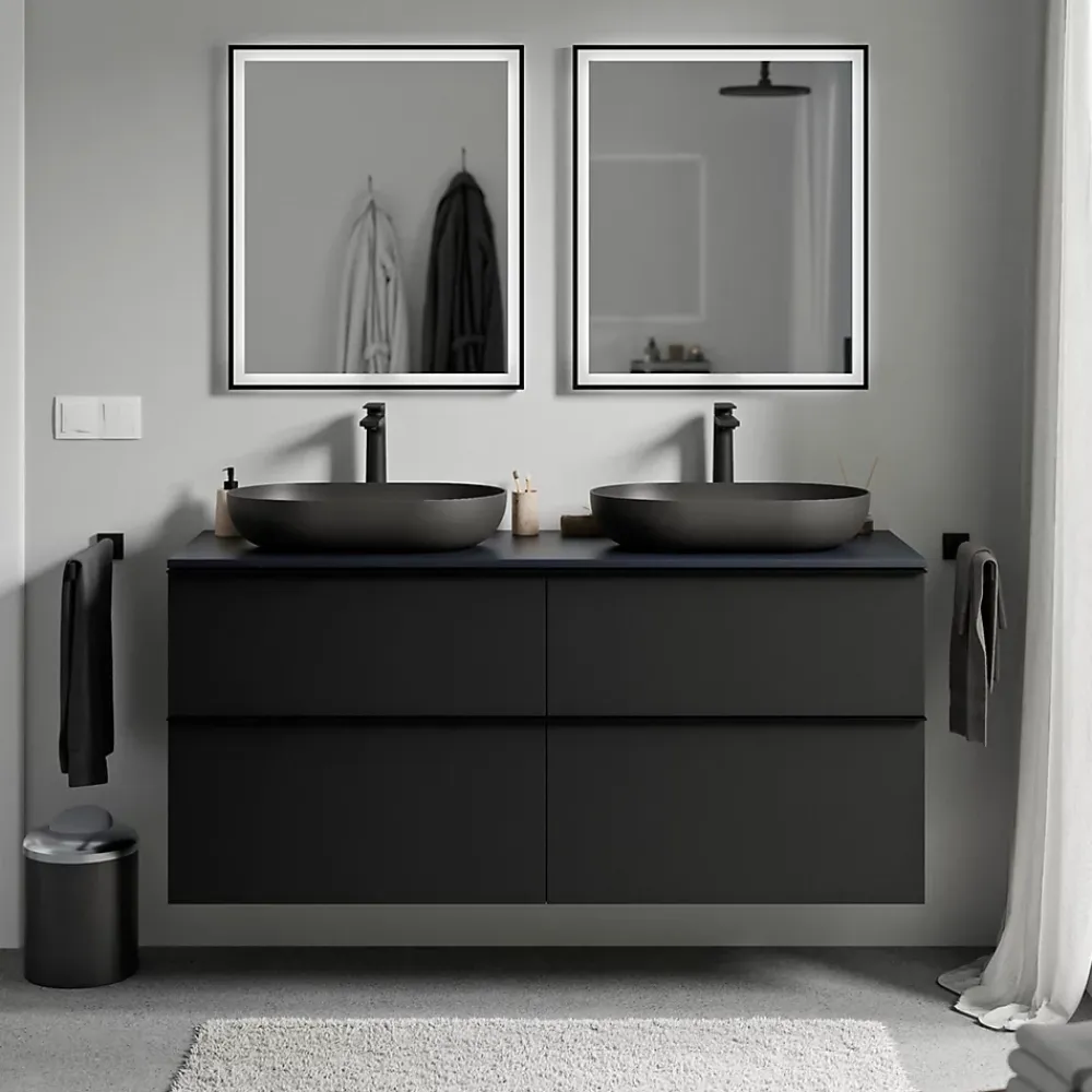 Bernstein Meuble sous vasque suspendu MDF Noir mat, plan vasque Bleu nuit mat, poignée Anthracite mat - 140x46x62cm - LAVOA