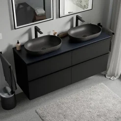 Bernstein Meuble sous vasque suspendu MDF Noir mat, plan vasque Bleu nuit mat, poignée Anthracite mat - 140x46x62cm - LAVOA