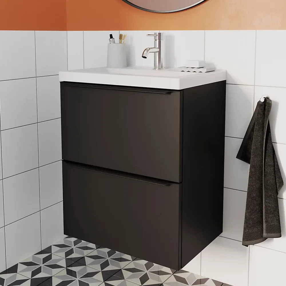 Meuble Buanderie|Meuble De Salle De Bains Faible Profondeur|GoodHome Meuble sous vasque suspendu faible profondeur noir mat l.50 x H.60 x P.36 cm, Imandra