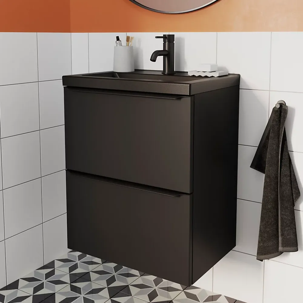 Meuble Buanderie|Meuble De Salle De Bains Faible Profondeur|GoodHome Meuble sous vasque suspendu faible profondeur noir mat l.50 x H.60 x P.36 cm, Imandra
