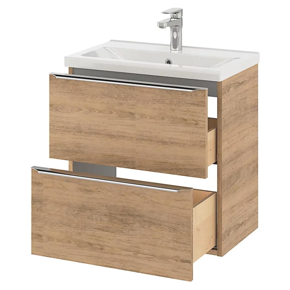 GoodHome Meuble sous vasque suspendu faible profondeur effet chêne l.60 x H.60 x P.36 cm, Imandra