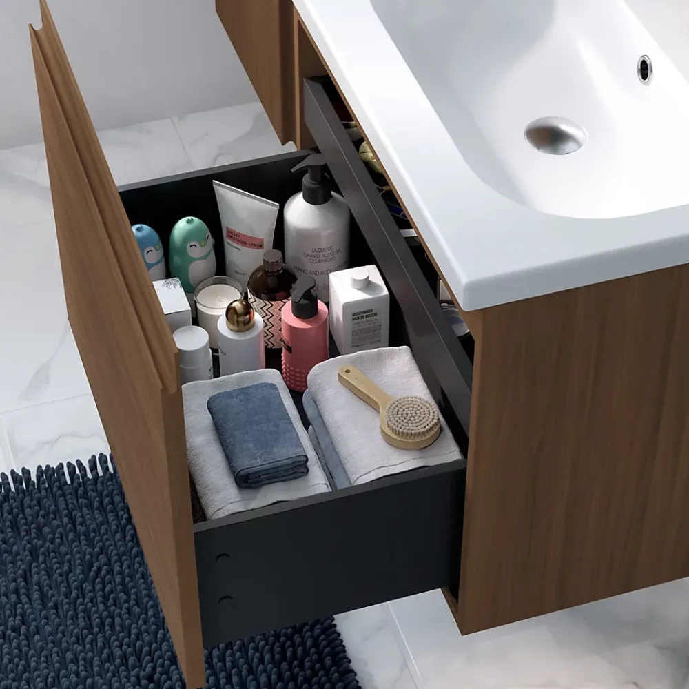 Meuble Sous-Vasque|GoodHome Meuble sous vasque suspendu effet noyer 2 tiroirs l.60 x H.48 x P.45 cm Levanna