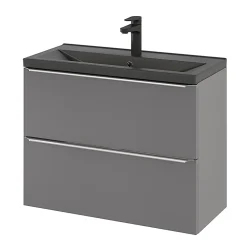 Meuble Sous-Vasque|Meuble Buanderie|GoodHome Meuble sous vasque suspendu faible profondeur gris brillant l.80 x H.60 x P.36 cm, Imandra