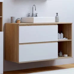 IDMarket Meuble sous vasque suspendu salle de bain TOMI 2 tiroirs et 2 niches façon hêtre et blanc