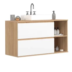 IDMarket Meuble sous vasque suspendu salle de bain TOMI 2 tiroirs et 2 niches façon hêtre et blanc