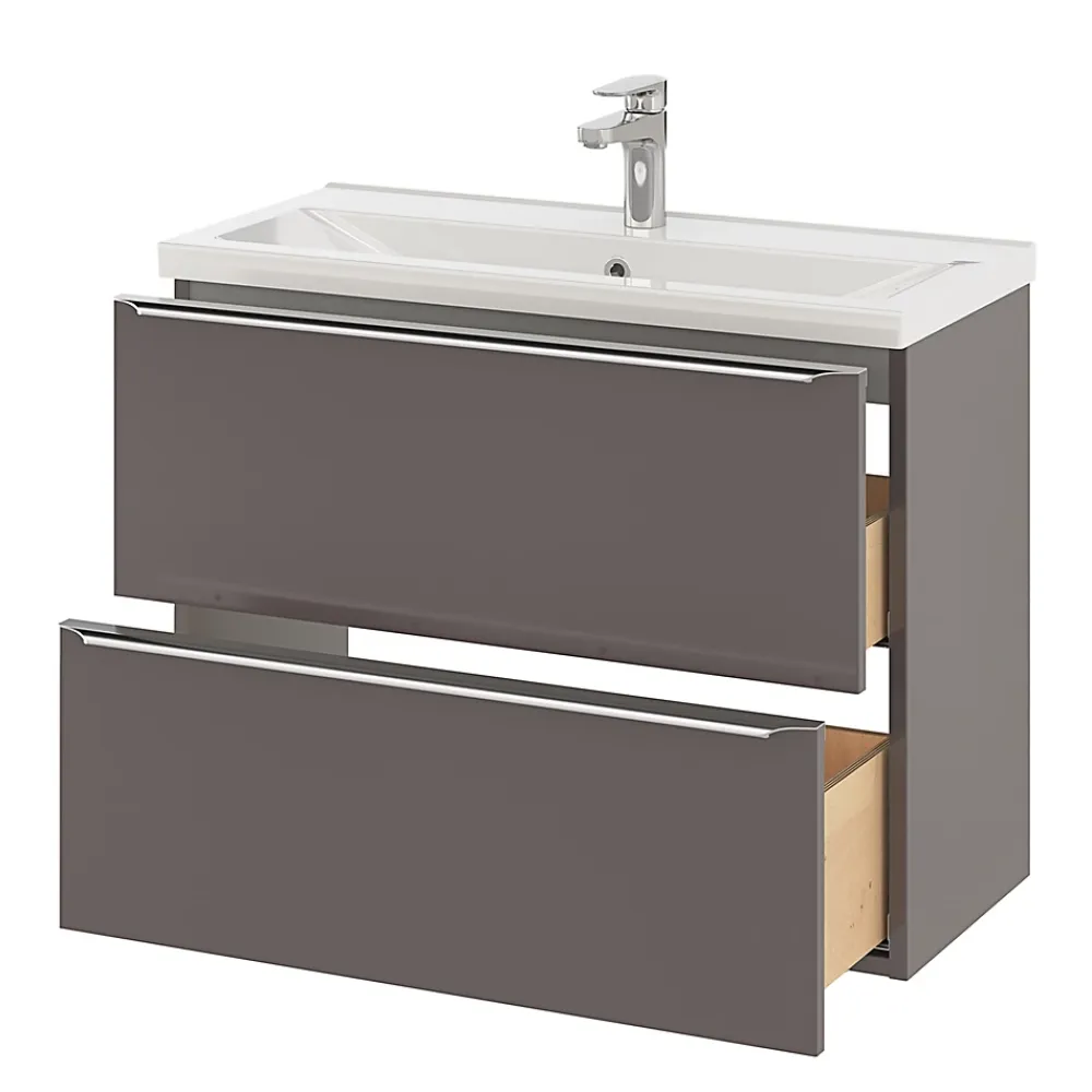 GoodHome Meuble sous vasque suspendu faible profondeur gris taupe brillant l.80 x H.60 x P.36 cm, Imandra