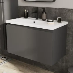 GoodHome Meuble sous vasque suspendu gris anthracite mat 2 tiroirs l.80 x H.48 x P.45 cm Levanna