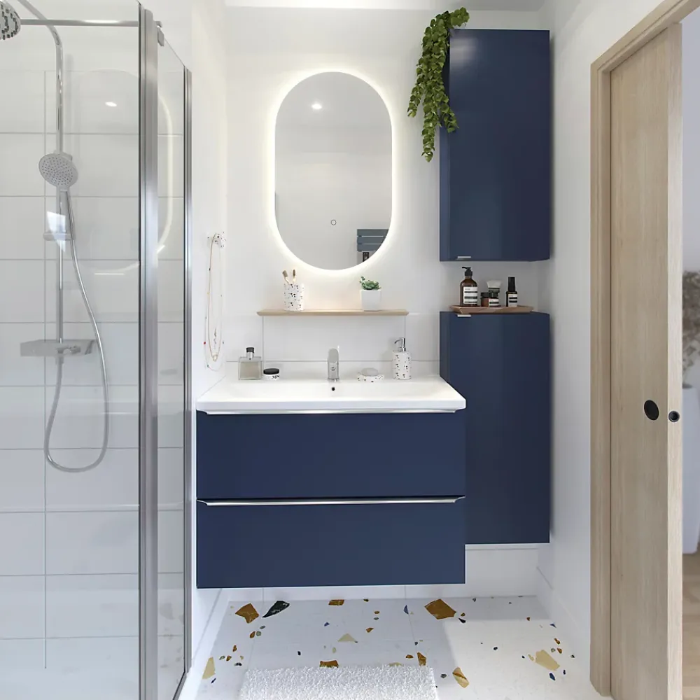 Meuble Buanderie|Meuble De Salle De Bains Faible Profondeur|GoodHome Meuble sous vasque suspendu faible profondeur bleu nuit mat l.80 x H.60 x P.36 cm, Imandra