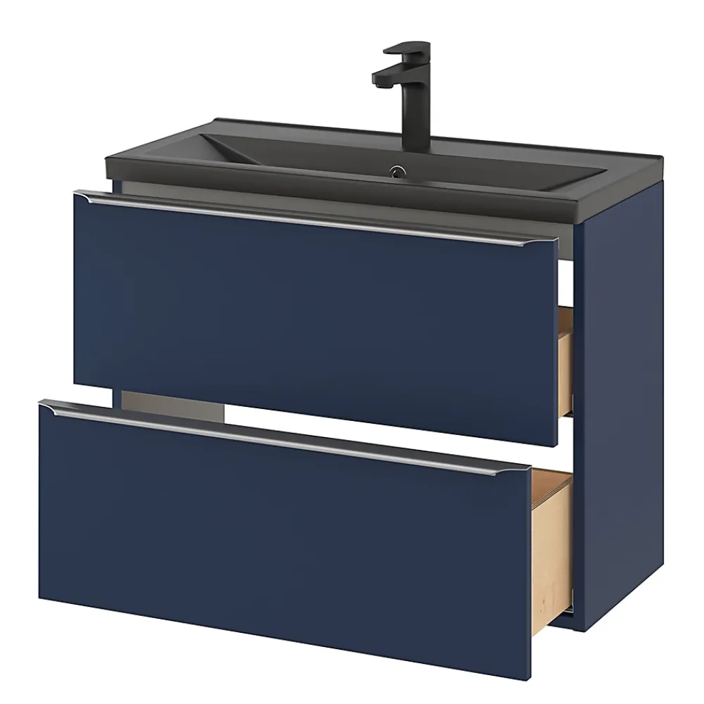 Meuble Buanderie|Meuble De Salle De Bains Faible Profondeur|GoodHome Meuble sous vasque suspendu faible profondeur bleu nuit mat l.80 x H.60 x P.36 cm, Imandra
