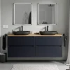 Meuble Sous-Vasque|Bernstein Meuble sous vasque suspendu MDF Bleu nuit mat, plan vasque Chêne miel, tiroirs pivotants - 160x46x62cm - VIREO
