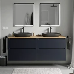 Meuble Sous-Vasque|Bernstein Meuble sous vasque suspendu MDF Bleu nuit mat, plan vasque Chêne miel, tiroirs pivotants - 160x46x62cm - VIREO
