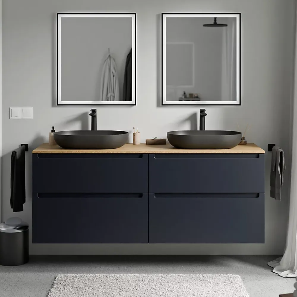 Meuble Sous-Vasque|Bernstein Meuble sous vasque suspendu MDF Bleu nuit mat, plan vasque Chêne miel, tiroirs pivotants - 160x46x62cm - VIREO