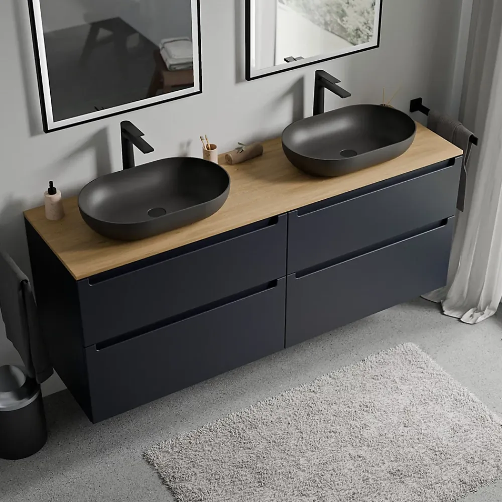 Meuble Sous-Vasque|Bernstein Meuble sous vasque suspendu MDF Bleu nuit mat, plan vasque Chêne miel, tiroirs pivotants - 160x46x62cm - VIREO