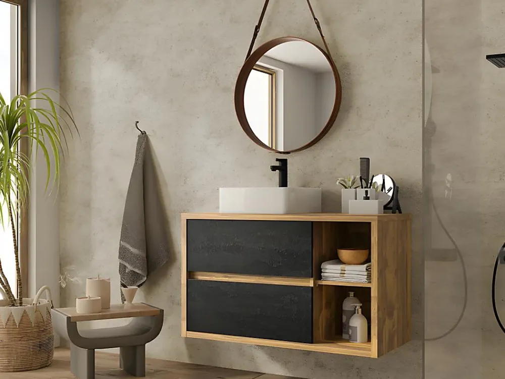 Meuble Sous-Vasque|Vente-unique Meuble sous vasque suspendu coloris naturel et anthracite - 100 cm - TIKITIKI