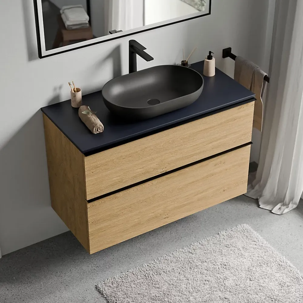 Bernstein Meuble sous vasque suspendu MDF Chêne miel, plan vasque Bleu nuit mat, poignée Noir mat - 80x46x62cm - LAVOA