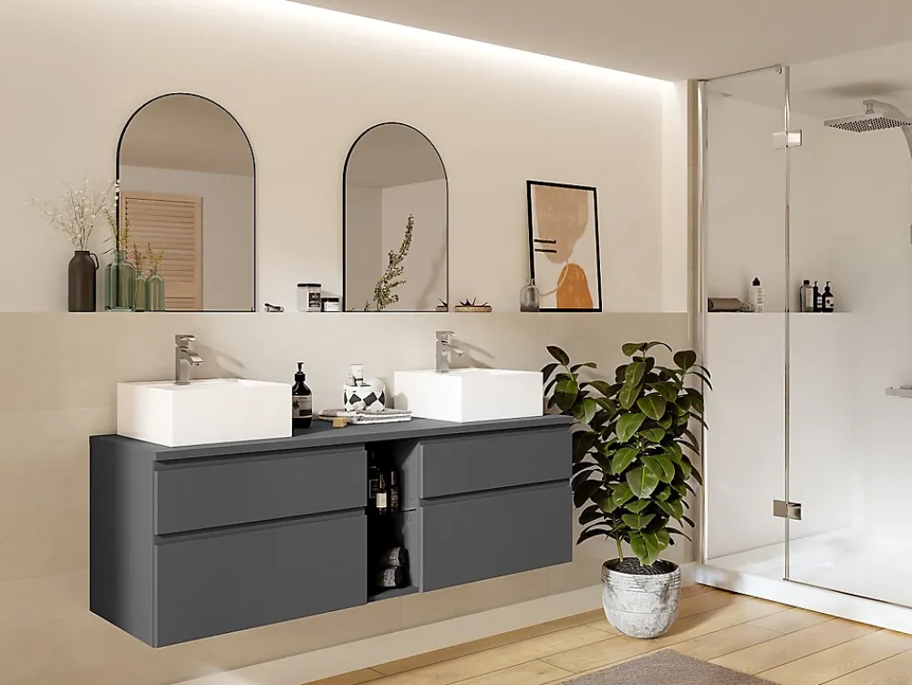 Vente-unique Meuble sous vasque suspendu - Gris - 150 cm - MAGDALENA II