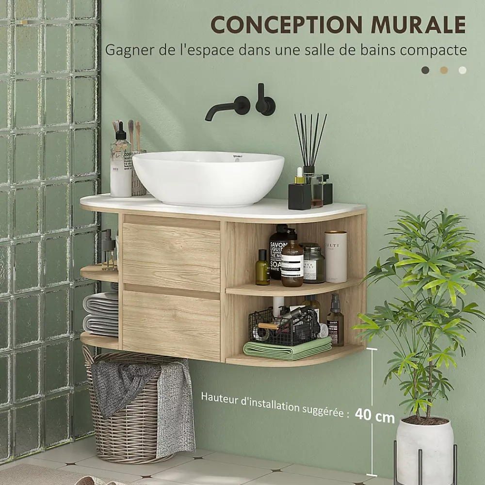 Homcom Meuble sous vasque suspendu design tiroirs étagères - dim. 90L x 45P x 46H cm - effet bois clair