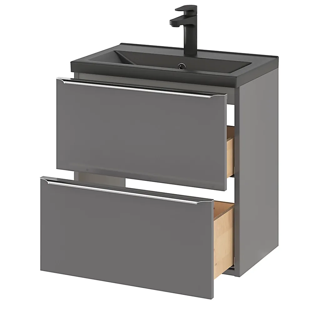GoodHome Meuble sous vasque suspendu faible profondeur gris brillant l.60 x H.60 x P.36 cm, Imandra