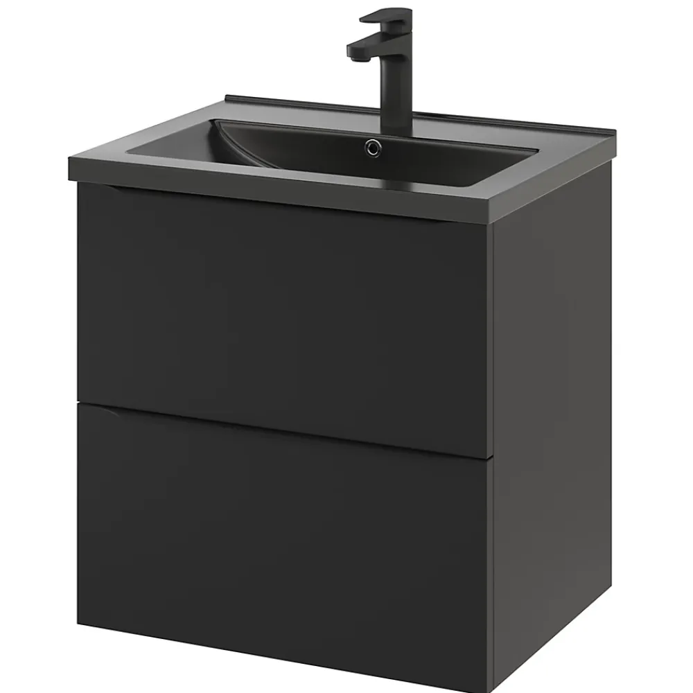 Meuble Buanderie|Meuble Sous-Vasque|GoodHome Meuble sous vasque suspendu noir mat l.60 x H.60 x P.45 cm, Imandra