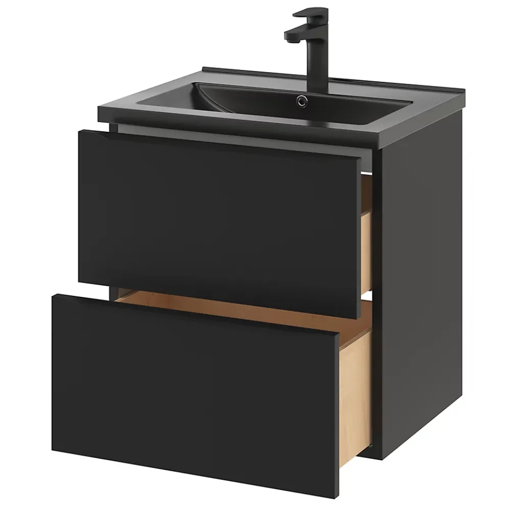 Meuble Buanderie|Meuble Sous-Vasque|GoodHome Meuble sous vasque suspendu noir mat l.60 x H.60 x P.45 cm, Imandra