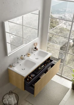 Ipiemme SRL Meuble sous vasque suspendu placage chêne miel strié l.120 x H.46,5 x P.50,5 cm pour double vasque, Pura+