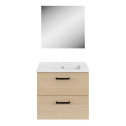 Meuble sous vasque suspendu effet chêne 2 tiroirs l.60 x H.55 x P.45 cm, Opah