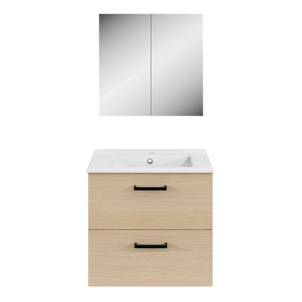 Meuble sous vasque suspendu effet chêne 2 tiroirs l.60 x H.55 x P.45 cm, Opah