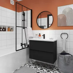 GoodHome Meuble sous vasque suspendu faible profondeur noir mat l.80 x H.60 x P.36 cm, Imandra