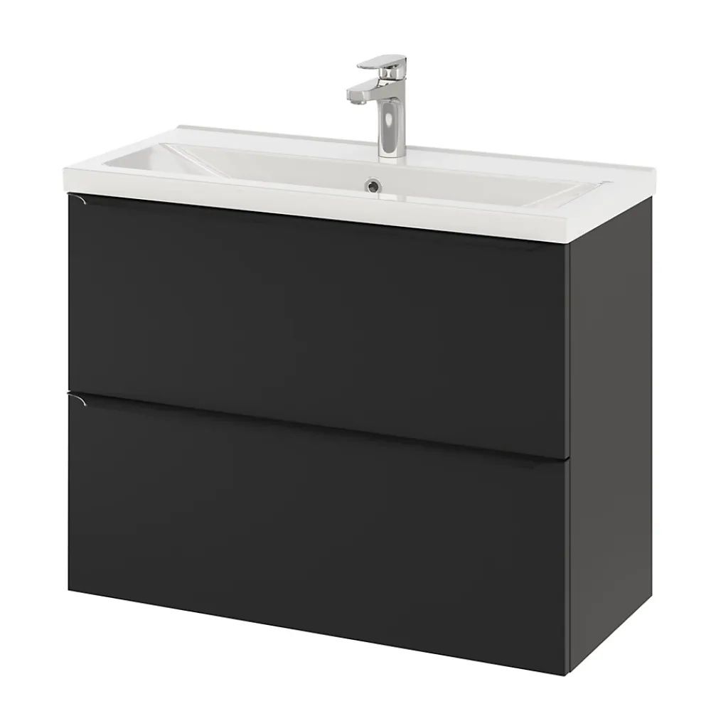 GoodHome Meuble sous vasque suspendu faible profondeur noir mat l.80 x H.60 x P.36 cm, Imandra