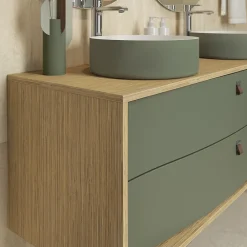 Meuble Buanderie|Decotec Meuble sous vasque suspendu vert fougère mat 2 tiroirs l.140 x H.50 x P.50 cm, Havana