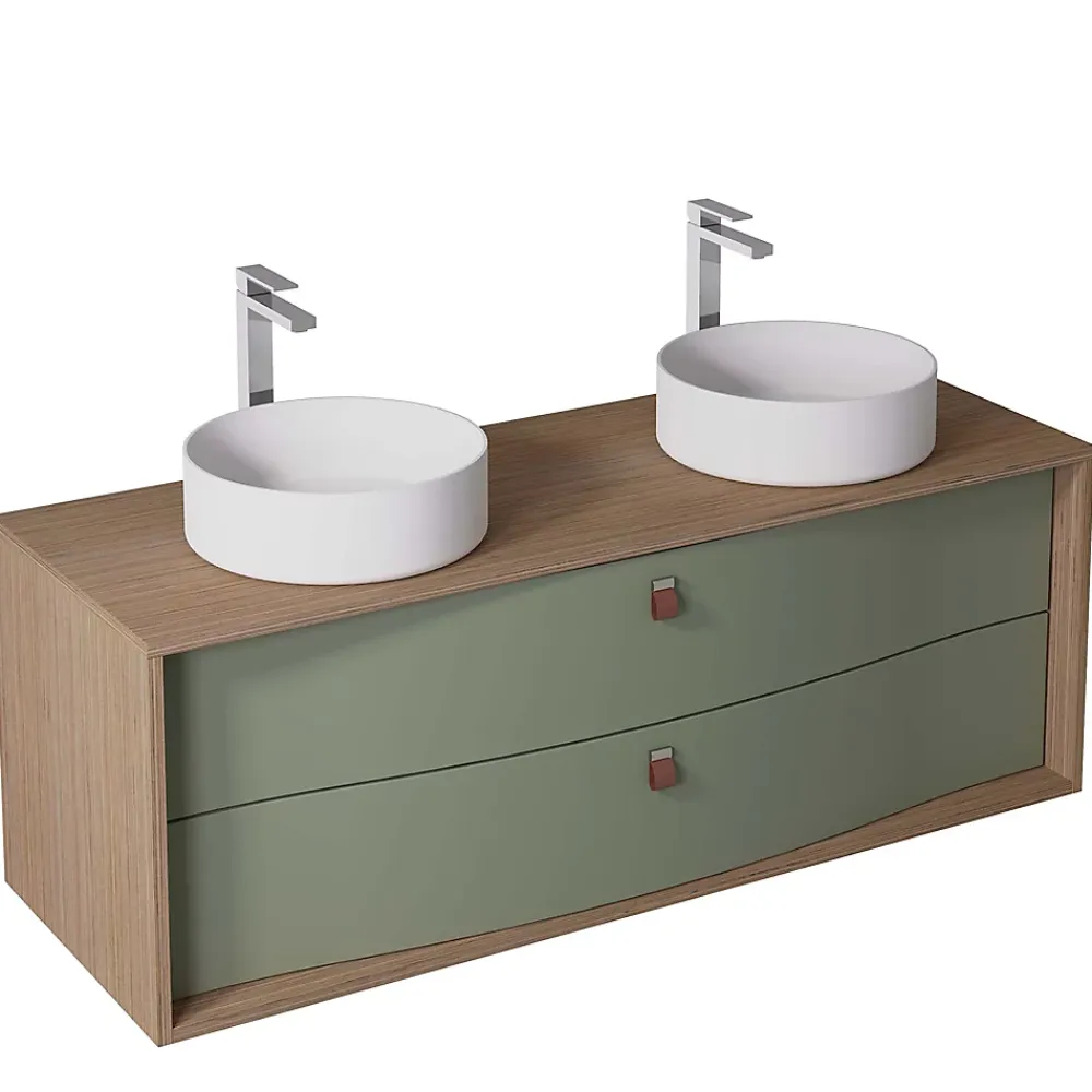 Meuble Buanderie|Decotec Meuble sous vasque suspendu vert fougère mat 2 tiroirs l.140 x H.50 x P.50 cm, Havana