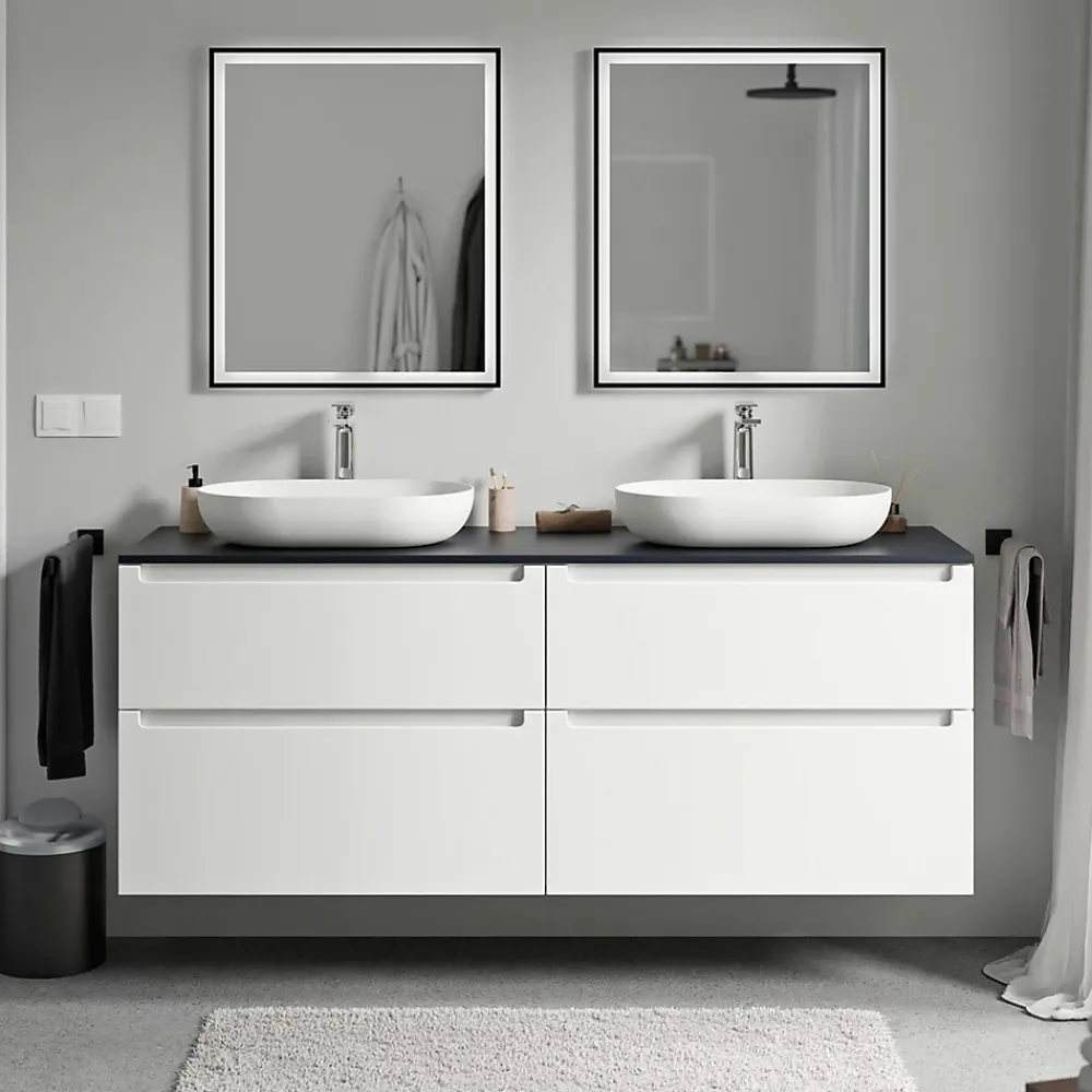 Meuble Sous-Vasque|Bernstein Meuble sous vasque suspendu MDF Blanc mat, plan vasque Bleu nuit mat, tiroirs pivotants - 160x46x62cm - VIREO