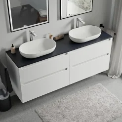 Meuble Sous-Vasque|Bernstein Meuble sous vasque suspendu MDF Blanc mat, plan vasque Bleu nuit mat, tiroirs pivotants - 160x46x62cm - VIREO