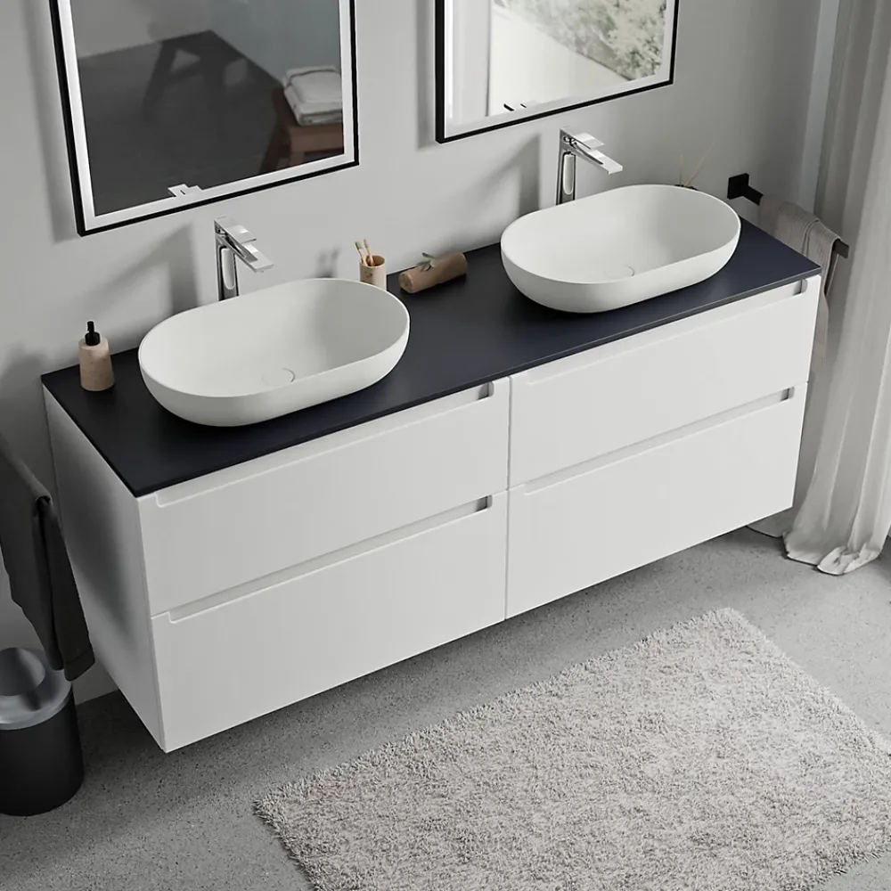 Meuble Sous-Vasque|Bernstein Meuble sous vasque suspendu MDF Blanc mat, plan vasque Bleu nuit mat, tiroirs pivotants - 160x46x62cm - VIREO