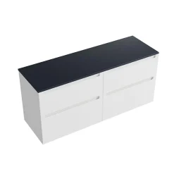 Meuble Sous-Vasque|Bernstein Meuble sous vasque suspendu MDF Blanc mat, plan vasque Bleu nuit mat, tiroirs pivotants - 160x46x62cm - VIREO